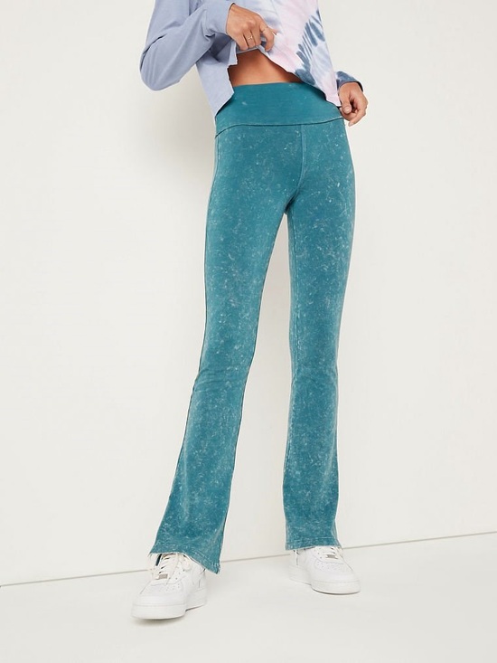PINK Victoria's Secret Pants - PINK Victoria’s Secret Teal Acid Wash Foldover Flare Yoga Pants Small
